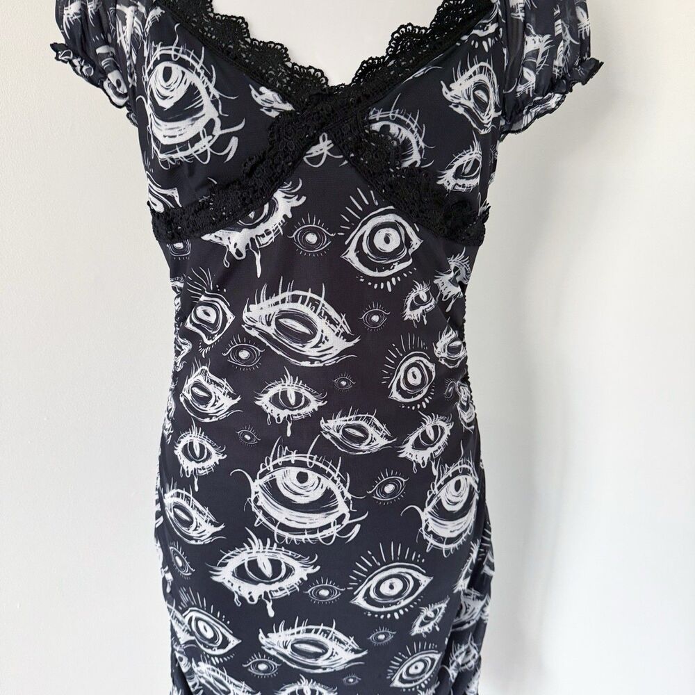 Grunge Punk Eye Eyeball Goth Drawstring Cinched Black Dress L Large Ruched - Picture 15 of 16